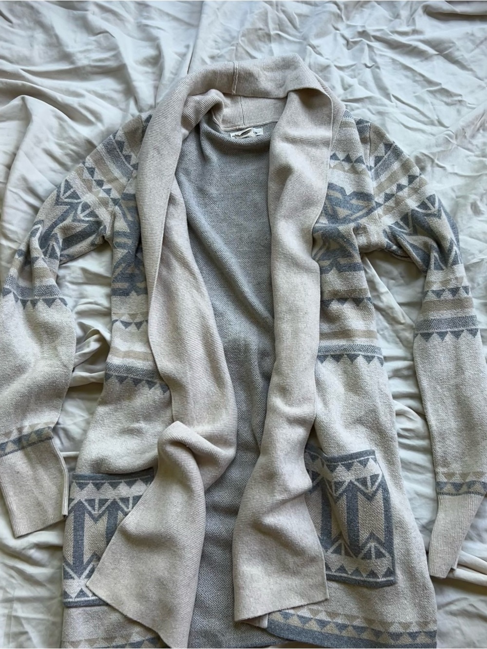 Light Beige & Gray Open-Front Shawl Collar Cardigan